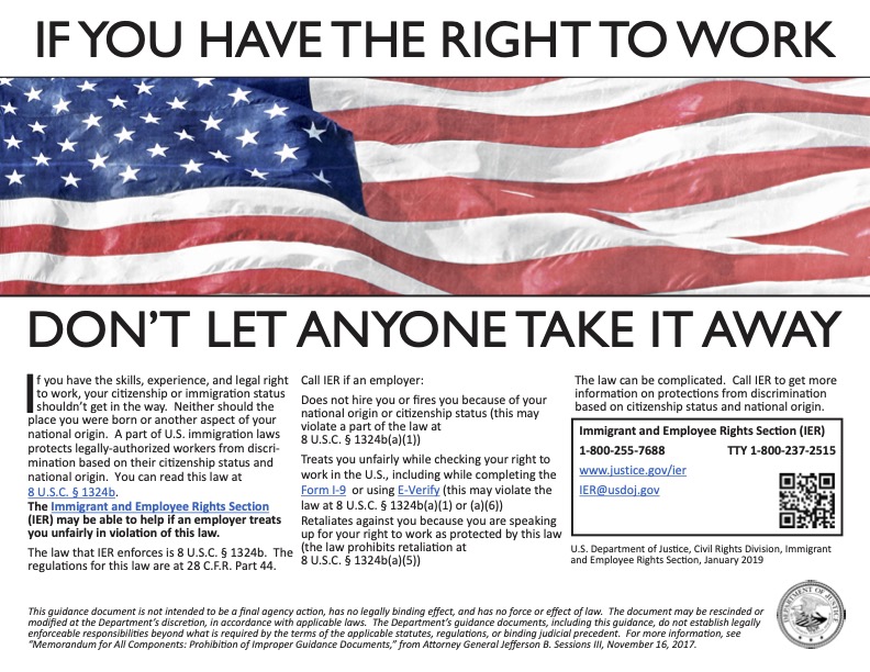 IER Right To Work US government Right To Work poster. Headline - if you have the right to work, don't let anyone take it away.